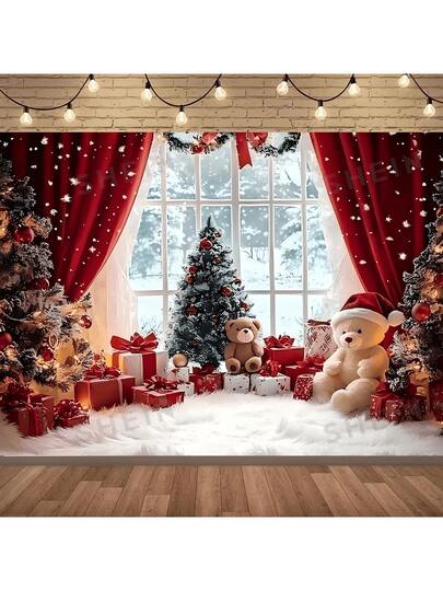 The Christmas Wonderland Snowman Background Paired With Red Curtains Is Perfect For Indoor Celebrations, Studio Photography, And Holiday Parties
