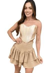 Shorts Women's Short Skirt With Ruffles In Layers Suplex Round Skirt Fashion Style For Parties, Clubbing And Everyday Life - Beige - View 1