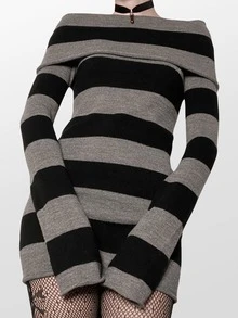Women Off The Shoulder Striped Sweater Dress Y2k Fairy Grunge Goth Long Sleeve Knit Bodycon Mini Dress Wrapped Sweater Short Dresses Teens Girls Punk Gothic Emo Vintage Aesthetic Clothes Streetwear Fall Halloween Outfit - 黑色 - 查看 5