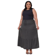 Saia Longa Feminina três Maria Camadas Cores Lisa Casual - Cinza - Visão 2