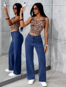 Jeans que te hacen sentir como LA REINA del street style Pantalones Larga Duración y Suelta Mezclilla Jeans Pierna acampanados Talla Grande para Mujer Azul Claro Cintura Alta Elásticos - Azul - Ver 2