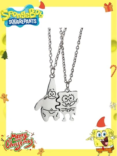 SpongeBob SquarePants 1/2-częściowy kreatywny naszyjnik z motywem gwiazdy SpongeBoba, para interesujących akcesoriów dla najlepszych przyjaciół z kreskówek, najlepsze dekoracje tworzące atmosferę świątecznego przyjęcia, idealna dekoracja na przyjęcie, wystrój domu.