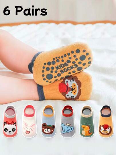 6 pares de calcetines antideslizantes con puntos para niños, calcetines de barco coloridos y lindos de dibujos animados para niños pequeños