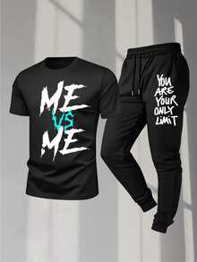 2-Piece Outfit With Racing And Sports Letter, Men's Short Sleeve Graphic T-Shirt And Casual Cotton Pants Set,  Crew Neck T-Shirt + Drawstring Cuffed Joggers, Outdoor Casual Sportswear Set For Sports For Outdoor - 黑色 - 查看 1