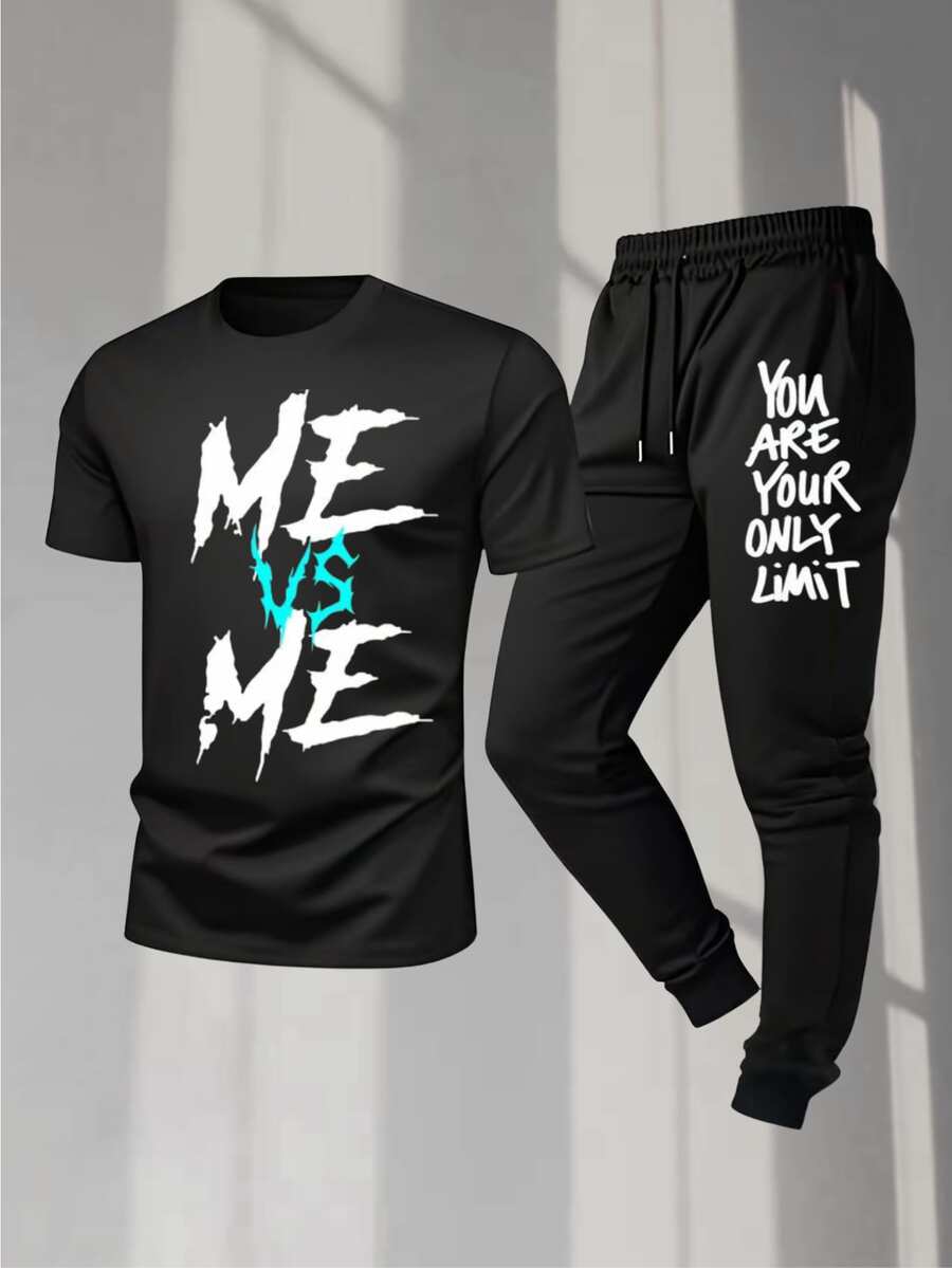 2-Piece Outfit With Racing And Sports Letter, Men's Short Sleeve Graphic T-Shirt And Casual Cotton Pants Set,  Crew Neck T-Shirt + Drawstring Cuffed Joggers, Outdoor Casual Sportswear Set For Sports For Outdoor - 黑色 - 查看 1