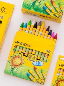 1 盒儿童蜡笔、彩色画笔、向日葵蜡笔和卡通文具用品，含 12 种颜色，适合绘画、涂鸦和绘画，返校 - 彩色 - 查看 6