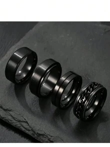 4 件套时尚不锈钢男士单环黑色浮雕磨砂装饰日常佩戴万圣节礼物 - 彩色 - 查看 4