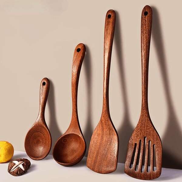 1 set d'ustensiles de cuisine en bois d'ébène naturel, louche à long manche, spatule en bois pour poêles anti-adhésives, petite cuillère à riz, produits en bois naturel avec variations de teinte, fournitures pour dîner en famille, fournitures pour fête de Noël