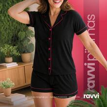 Women's American Baby Doll Pajamas Blogger Short Doll Summer Sleepwear Set Open Collar With Button Breastfeeding Pregnant Travel Black With Pink - 黑粉紅色 - 查看 4