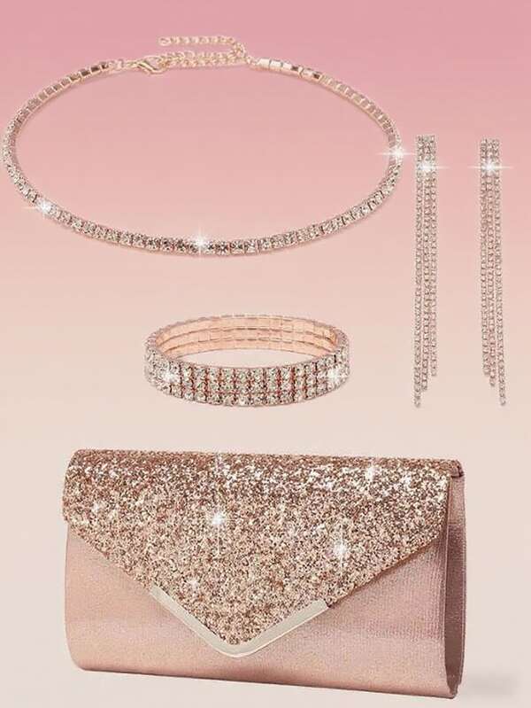 4pcs Women's Rhinestone Jewelry Set, Sparkling Necklace, Earrings And Bracelet, Suitable For Weddings, Formal Events, Elegant V-Shaped Sequin Envelope Clutch Bag, Bridal Party Handbag
