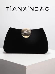 1pc Luxury Velvet Box-Shaped Party Handbag, Unique Scallop Shell Clasp Decor Evening Bag, Suitable For Banquet, Ball, Formal Dress Matching, Minimalist Square Formal Party Crossbody Bag, Tready Party Bag, Perfect For Party, Wedding, Prom, Gala/Banquet, Ideal Accessory For Women's Prom Dress, Prom Attire, Sequin Dress, Shiny Dress, Women's Elegant Dress. - Black - View 11