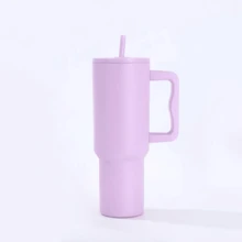 Taza de acero inoxidable Unisex a prueba de fugas con asa y pajita, taza portátil para coche, gran capacidad, aislamiento de doble capa de larga duración, adecuado para varios escenarios diarios - Lavanda - Ver 1