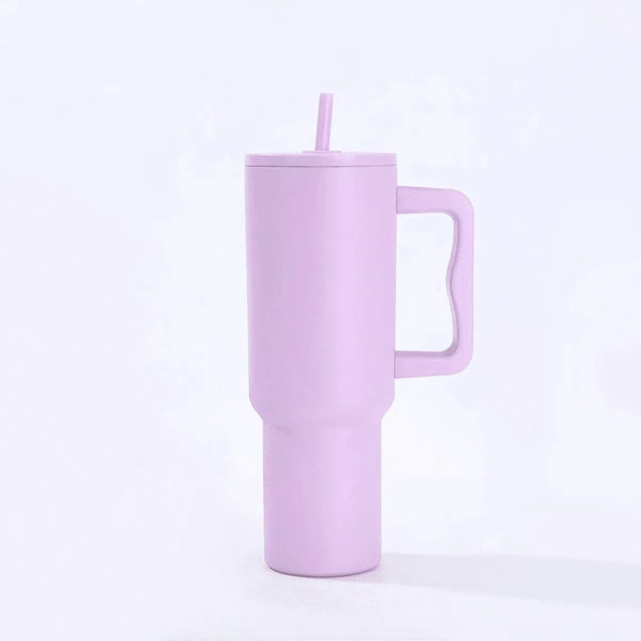 Taza de acero inoxidable Unisex a prueba de fugas con asa y pajita, taza portátil para coche, gran capacidad, aislamiento de doble capa de larga duración, adecuado para varios escenarios diarios - Lavanda - Ver 1