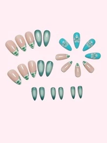 24 uñas postizas con forma de almendra y diseño de flores 3D con degradado azul-verde - Adecuadas para salidas festivas, uñas postizas removibles y reutilizables