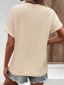 Primavera Otoño Verano Casual Cuello en V Tachonado Botón Manga Corta Punto Camiseta Mujer - Albaricoque - Ver 2