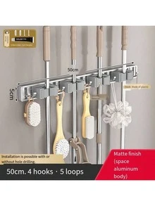 1 Stück 4 Klemmen und 5 Haken Aluminium Mopp Halter wandmontiert Badezimmer Fixierte Ablage, für Mopp, Besen Lagerung und Balkon Nutzung