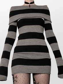 Women Off The Shoulder Striped Sweater Dress Y2k Fairy Grunge Goth Long Sleeve Knit Bodycon Mini Dress Wrapped Sweater Short Dresses Teens Girls Punk Gothic Emo Vintage Aesthetic Clothes Streetwear Fall Halloween Outfit - 黑色 - 查看 1