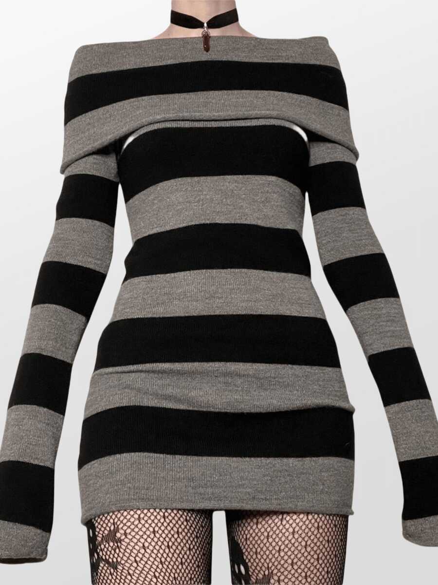 Women Off The Shoulder Striped Sweater Dress Y2k Fairy Grunge Goth Long Sleeve Knit Bodycon Mini Dress Wrapped Sweater Short Dresses Teens Girls Punk Gothic Emo Vintage Aesthetic Clothes Streetwear Fall Halloween Outfit - 黑色 - 查看 1