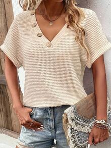 Primavera Otoño Verano Casual Cuello en V Tachonado Botón Manga Corta Punto Camiseta Mujer - Albaricoque - Ver 1