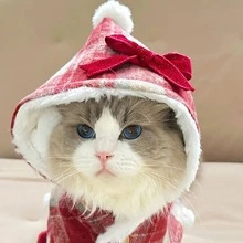 1 件宠物狗猫毛绒保暖斗篷，可爱圣诞新年装饰服装，适合狗和猫 - 紅白色 - 查看 5