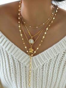 4pcs Elegant Luxurious Sexy Women Friendship Flower Gold Tone Cross Faux Pearl Necklace Set, Layered Long Necklaces For Daily, Party, Wedding Occasions