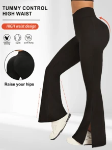 1 件女式高腰修身喇叭裤，侧开衩，弹力健身运动长裤，高尔夫休闲紧身裤 - 黑色 - 查看 2