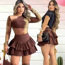 Shorts Women's Short Skirt Ruffle Round Double Layer Gringa Fashion - Rust Brown - View 1