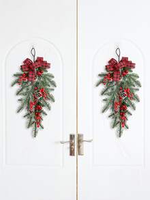 Decorațiune artificială de Crăciun: Ornament suspendat din ace de pin de 49,6 cm, cu fructe de pădure roșii, conuri de pin și fundă roșie - neagră în carouri, pentru scene de festival/camere/acasă/birou/decorațiuni de Crăciun pentru petreceri tematice