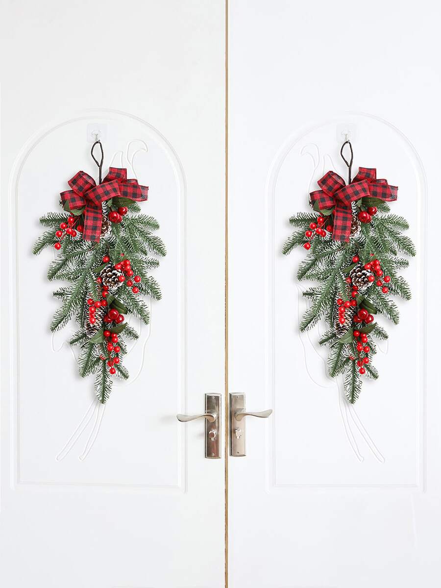 Decorațiune artificială de Crăciun: Ornament suspendat din ace de pin de 49,6 cm, cu fructe de pădure roșii, conuri de pin și fundă roșie - neagră în carouri, pentru scene de festival/camere/acasă/birou/decorațiuni de Crăciun pentru petreceri tematice