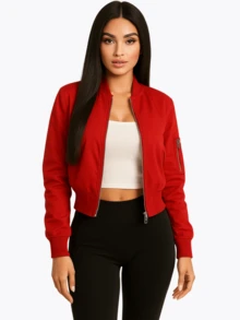 Chamarra Tipo Bomber Tereza Algodón con Bolsillos y Diseño a la Moda, de Uso Diario, Casual, Ligera. - Rojo - Ver 2