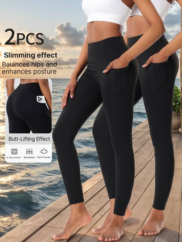 2 piezas Pantalones de ciclismo para mujer, Leggings deportivos, Pantalones ajustados de cintura alta, Pantalones de yoga de otoño/invierno, Con bolsillos, Pantalones de entrenamiento, Ropa deportiva para mujer, Pantalones ajustados, Alta elasticidad, Suave y transpirable, Absorción de humedad, Adecuado para gimnasio, Pilates, Yoga, Deportes al aire libre, Trotar, Ejercicio, Fútbol, Softbol, Ciclismo, Camping, Bádminton, Golf
