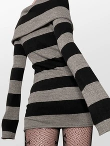 Women Off The Shoulder Striped Sweater Dress Y2k Fairy Grunge Goth Long Sleeve Knit Bodycon Mini Dress Wrapped Sweater Short Dresses Teens Girls Punk Gothic Emo Vintage Aesthetic Clothes Streetwear Fall Halloween Outfit - 黑色 - 查看 4