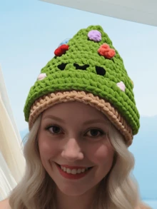 Crochet Christmas Tree Beanie - Festive Knitted Hat With Colorful Ornaments & Red Bow, Holiday Knit Cap For Women, Unique Christmas Knit Headwear