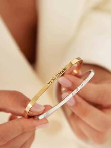 Customized 18K Gold Engraved Text Bracelet, Roman Numeral, Name Or Information Bracelet, Gold-Plated, Rose Gold, Silver, Fashionable Stacking Accessory, Multi-Color/Gold Options, Open Design, Adjustable Size, Fits All, Multifunctional Bracelet Accessory, Gift For Mom/Girlfriend/Classmate/Family/Friend
