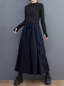 大码女式时尚宽松工装阔腿裤 - 藍色 - 查看 5