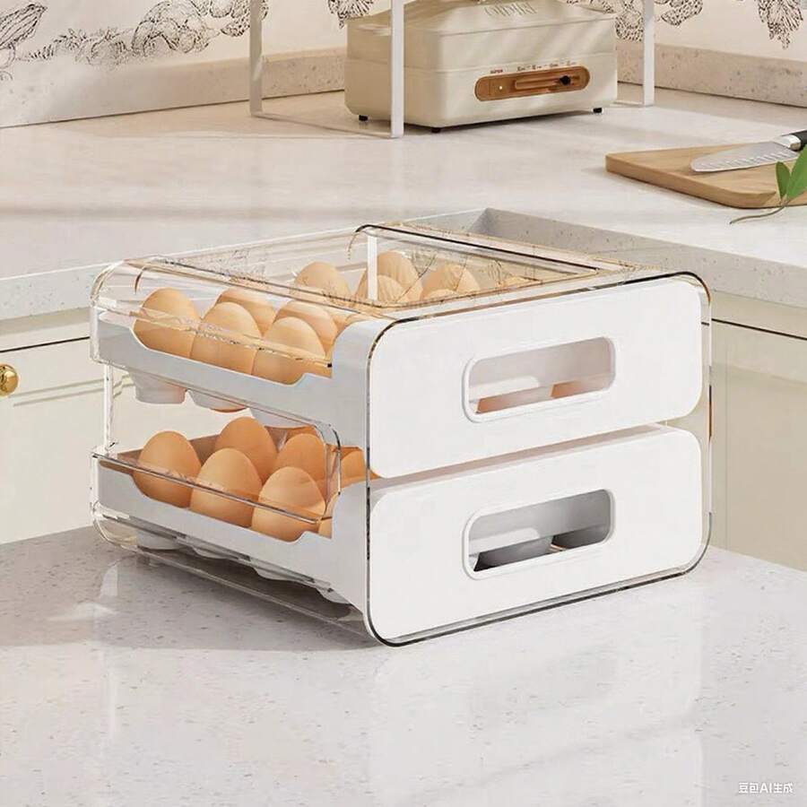 Large-Capacity Egg Storage Rack For Refrigerator - Holds 32 Eggs, Transparent Plastic Drawer Organizer With Multiple Compartments, Space-Saving Design, Easy Access & Freshness Retention, Refrigerator Egg Rack, Kitchen Organization, Compact Design, Durable Plastic, Must-Have Kitchen Item, Stylish Organizer, Sturdy Structure, Kitchen Organizer - 白色(雙層PP材質)#可放32枚蛋 - 查看 1