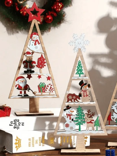 1 件圣诞装饰品，可爱空心木制圣诞老人雪人骆驼鹿星挂饰，橱柜书柜桌面家居装饰，圣诞节感恩节礼物