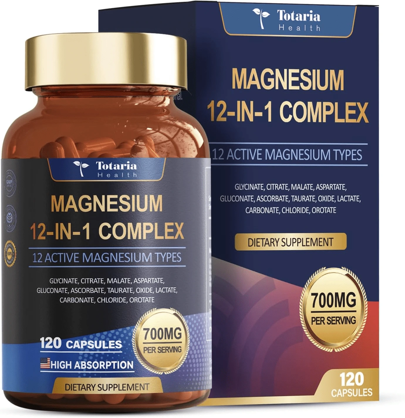 GWYNNE Totaria Health Complejo De Magnesio 700mg 12 En 1 Suplemento De Magnesio Con Glicinato Citrato Malato Óxido Taurato Aspartato,relajación, Músculo, Apoyo Al Corazón, 120 Cápsulas - Otros - Ver 1