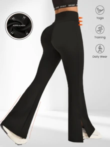 1 件女式高腰修身喇叭裤，侧开衩，弹力健身运动长裤，高尔夫休闲紧身裤 - 黑色 - 查看 1