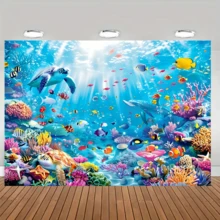 1 pièce Toile de fond pour photographie sous-marine - Motifs de tortue, de poisson et de corail - Bannière polyester multifonctionnelle, convient pour les fêtes d'anniversaire, la décoration de table de gâteau et les événements d'été