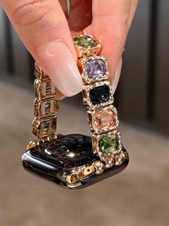 1 件女士宝石彩色水钻手链，金属表带兼容 38/40/41/42/44/45/46/49 毫米，兼容 表带 Ultra/Se10/9/8/7/6/5/4/3/2/1