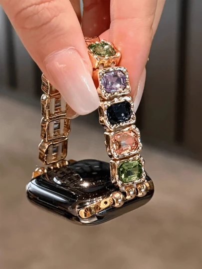 1 pieza Brazalete de mujer con gemas y cristales de colores, banda de metal, compatible con relojes de 38/40/41/42/44/45/46/49mm, compatible con correas de reloj Ultra/SE10/9/8/7/6/5/4/3/2/1