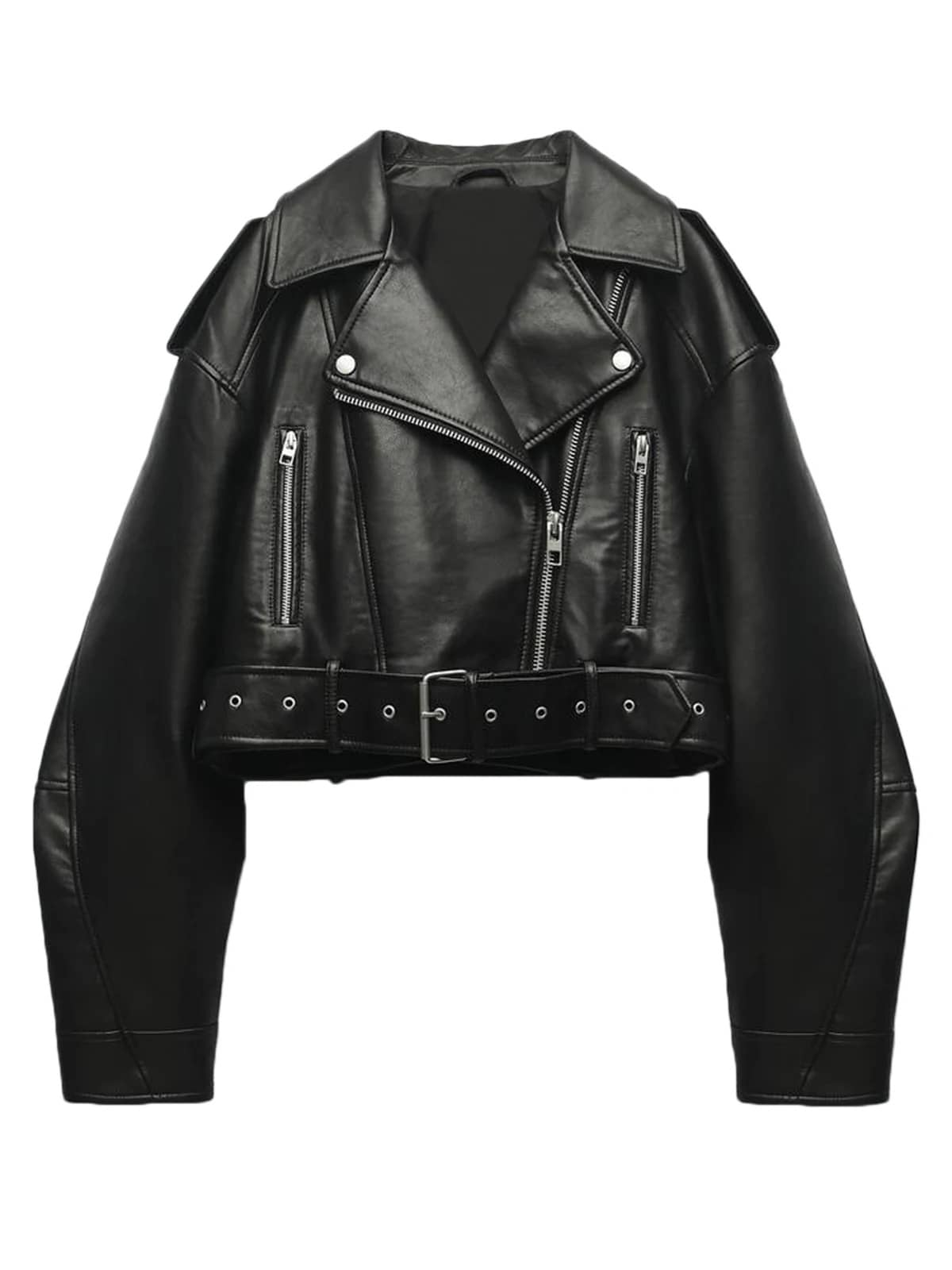 Jaqueta casual de manga comprida, gola pontiaguda, bolso com zíper e cinto, cor sólida, ideal para o inverno. Preta. - Preto - Ver 1