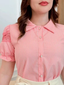 Women's Pinstripe Striped Shirt With Front Buttons - 淺粉紅色條紋 - 查看 2