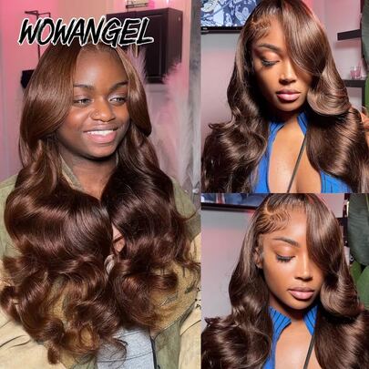 WOWANGEL 13x6 Lace Front Wig, Ombre Brown Color, High Density 250% Brazilian Remy Human Hair Wig, Swiss Lace, Pre-Plucked Hairline, Chocolate Brown Wavy Texture, Invisible Lace Front Wig With Baby Hair, For Women
