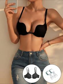 Women's Deep V Push-Up Bra, Removable Straps, Heart Metal Decor, Backless Dress Bandeau