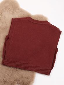 1pc Toddler Girls Oversized Loose Fit Pullover Sweater Vest, Red Mushroom Button Decor, Simple & Cute Knit Cardigan For Girls, Suitable For Spring & Autumn - Burgundy - View 3