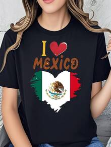 Camiseta holgada con estampado de la bandera de México para mujer. Suave y cómoda, confeccionada en mezcla de algodón, una prenda informal y elegante, perfecta para el verano y como souvenir de viaje. - Negro - Ver 1