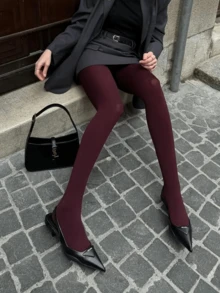 1双女士天鹅绒酒红色不透明保暖连裤袜，优雅的冬季圣诞礼物 - 酒紅色 - 查看 2