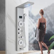 Sistema de ducha LED Panel de ducha de lluvia negra Sistema de torre Sistema de cabezal de ducha de cascada montado en la pared 5 funciones Columna de ducha de masaje con ducha de mano - Níquel cepillado - Ver 11